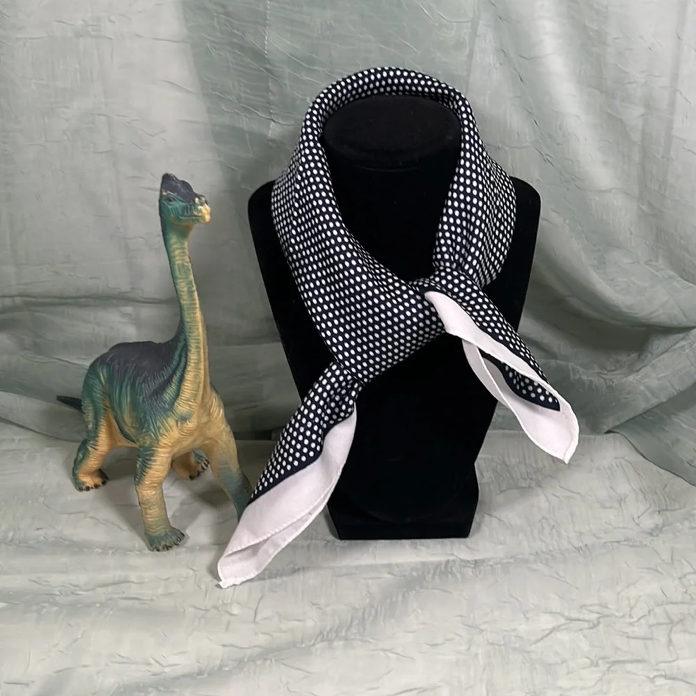 Vintage Navy Blue and Micro White Polka Dot Square Italian Scarf